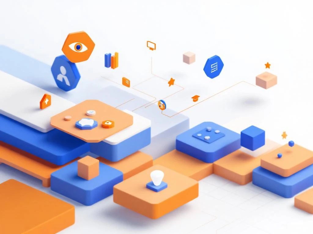 Minimalistisch ontwerp met gaming controllers en onderwijssymbolen in blauwe en oranje hexagonale vormen op witte achtergrond