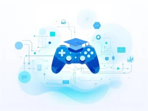 Gamecontroller met afstudeerpet omringd door zwevende tech-iconen van laptops en tablets in blauwtinten