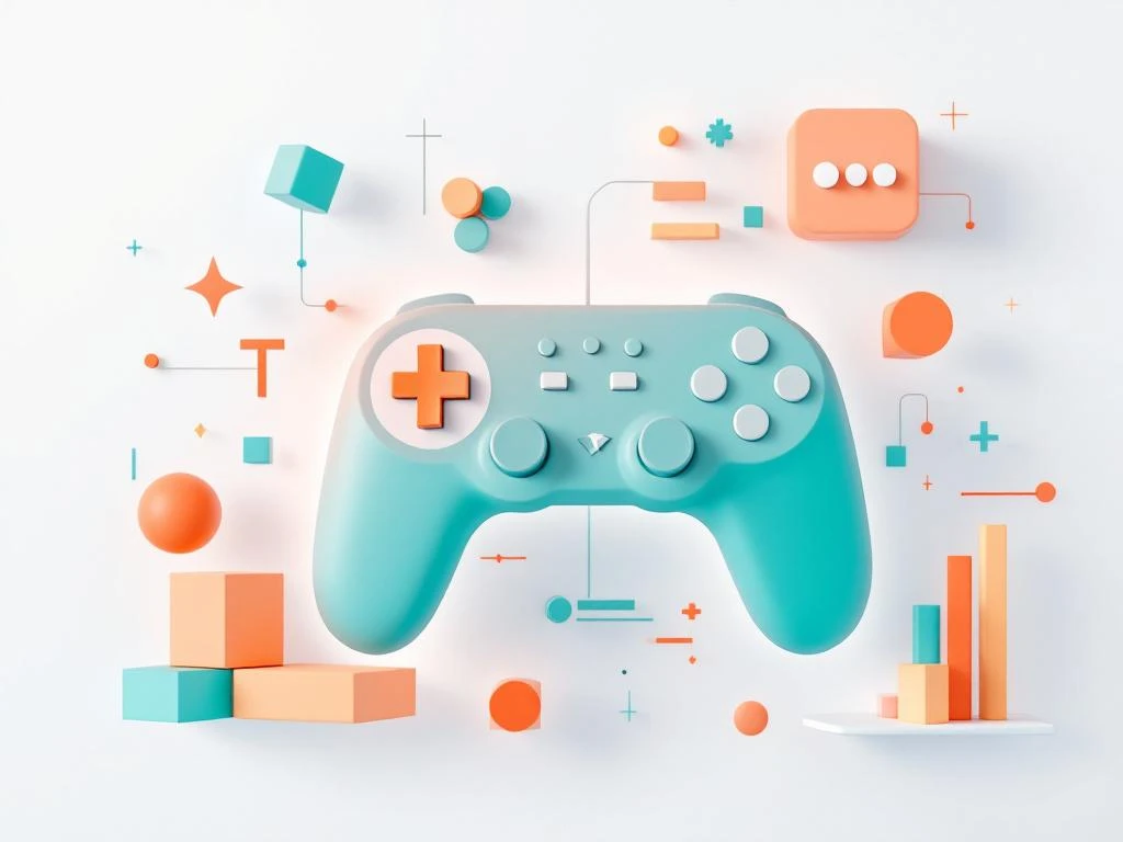 Minimalistisch ontwerp met geometrische game controller elementen en educatieve symbolen in wit met teal en oranje accenten