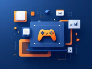 Gestileerde gamecontroller met educatieve symbolen in blauw, oranje en wit voor e-learning technologie branding