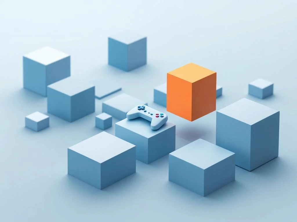 3D geometrische blokken in blauw en grijs drijvend in witte ruimte, één oranje blok afgekeerd, game controller icoon