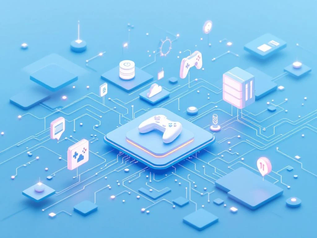 Minimalistisch circuit board ontwerp met gaming controllers en digitale leersymbolen in blauw-witte kleurverloop