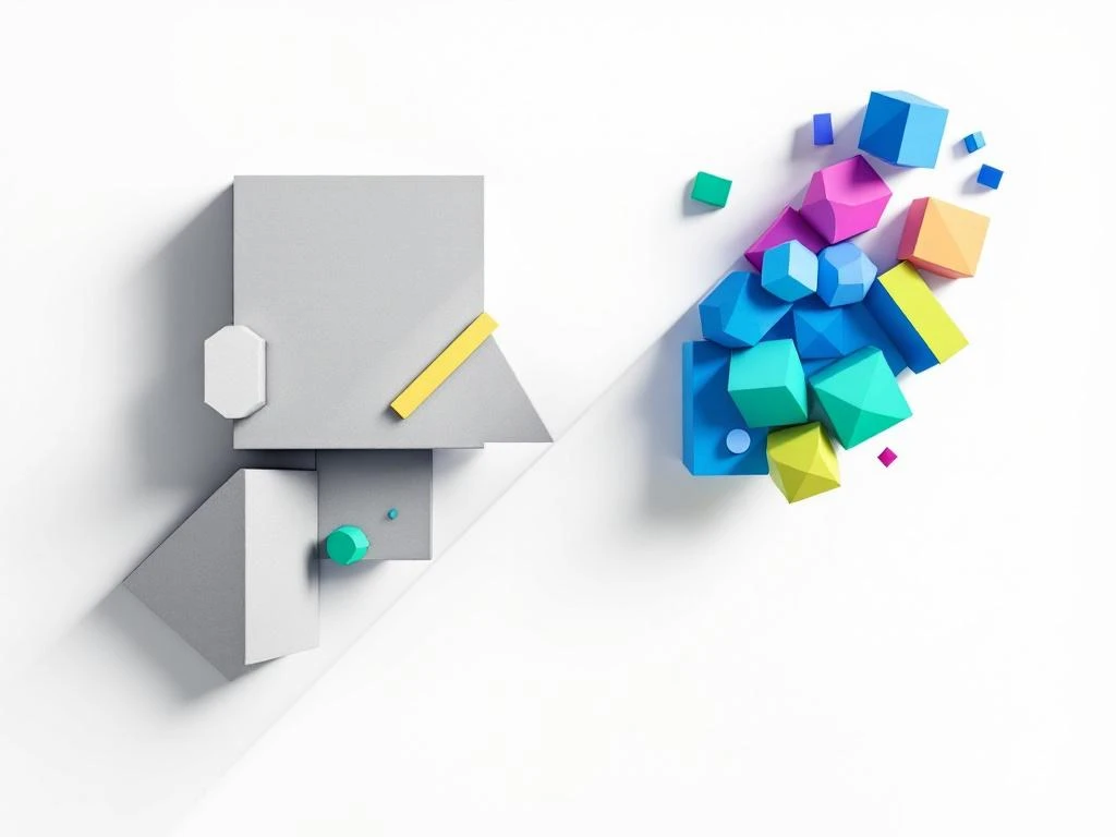 Minimalistische geometrische compositie met grijze zakelijke vormen links en levendige educatieve spelvormen rechts, verbonden door een brug.