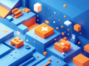 Isometrische compositie met gamecontroller-elementen en digitale leersymbolen in blauwe en oranje kubussen