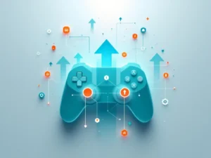 Geometrische game controller elementen met hexagonale leerknooppunten in teal en oranje op witte achtergrond