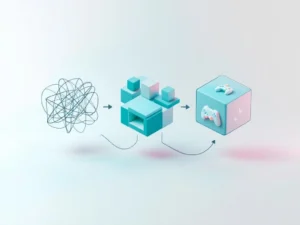 Drie 3D geometrische fasen van game-ontwikkeling: verwarde lijnen, gestructureerde vormen, en geïntegreerde kubus met controller