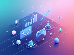 Educatieve dashboard met gamecontrollers, voortgangsgrafieken en prestatiebadges in blauw-groene kleuren