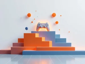 Gloeiende gamecontroller op geometrische blokken in stappen gerangschikt, met zwevende zeshoekige elementen op witte achtergrond