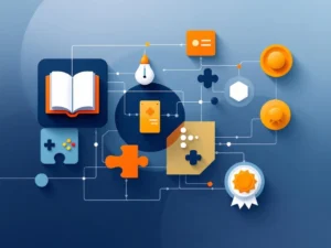 Minimalistische illustratie van onderwijssymbolen die overgaan in game-elementen via geometrische lijnen in blauw en oranje