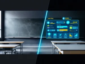 Vergelijking tussen traditioneel klaslokaal met schoolbanken en krijtbord versus moderne digitale leeromgeving met spelinterface