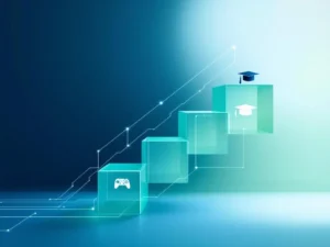 Witte geometrische paden stijgen door doorschijnende kubussen met game- en onderwijssymbolen op blauwe achtergrond