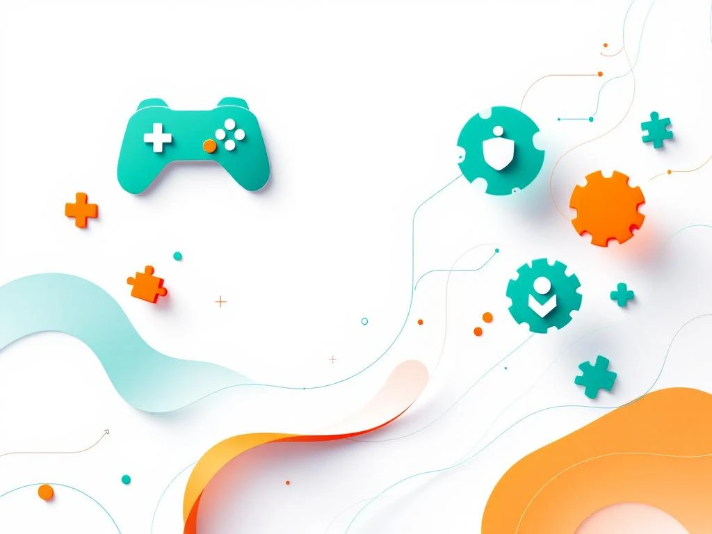 Minimalistische compositie met geometrische gamecontroller-elementen en compliance-symbolen in teal en oranje tinten