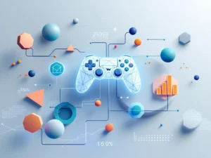 Gamecontroller met blauwe gloed verbonden aan data-streams en analytische grafieken op witte achtergrond
