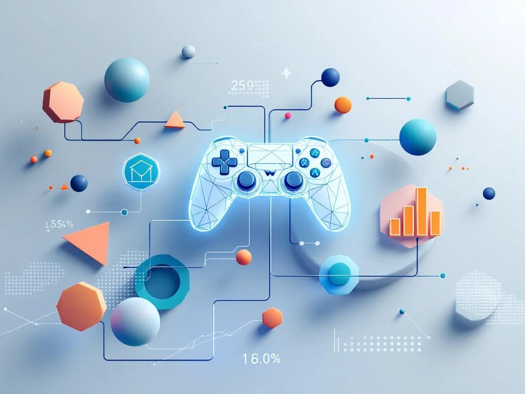 Gamecontroller met blauwe gloed verbonden aan data-streams en analytische grafieken op witte achtergrond
