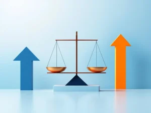 Weegschaal in evenwicht met gamecontrollers en stijgende pijlen, blauw-oranje kleurenschema op witte achtergrond