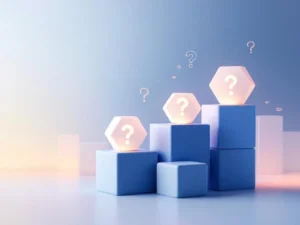 Zwevende geometrische blokken en puzzelstukjes in minimalistische compositie met blauwe gradiënt achtergrond voor consultatie