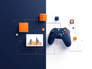 Minimalistische gamecontroller verbonden met database-servers via geometrische lijnen in marineblauw en oranje