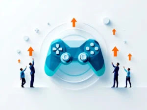 Teal spelcontroller-icoon met witte voortgangsringen en oranje pijlen, omringd door silhouetten die naar badges reiken