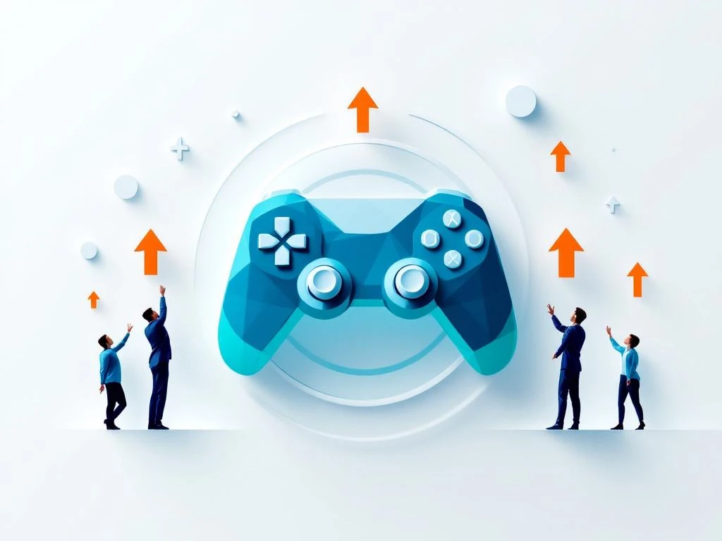 Teal spelcontroller-icoon met witte voortgangsringen en oranje pijlen, omringd door silhouetten die naar badges reiken