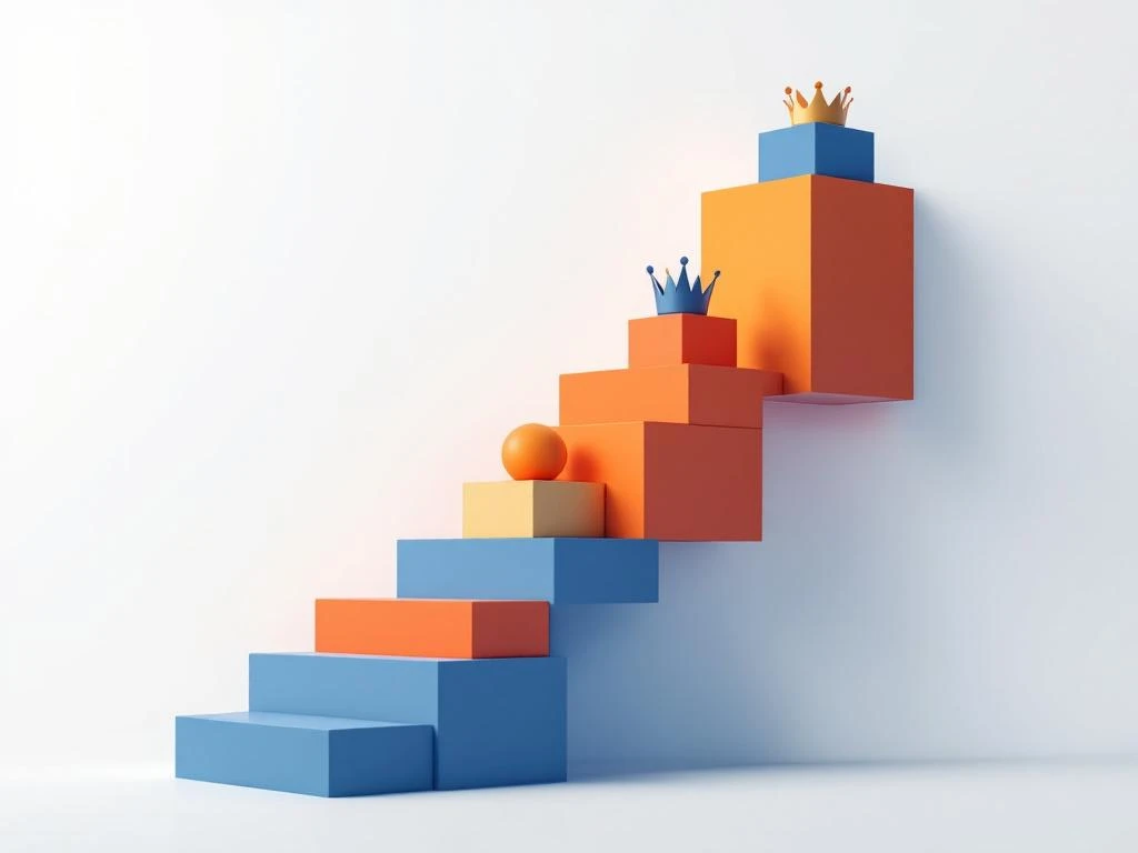 Geometrische gamecontroller met oplopende trap naar leiderschapssymbolen in blauw en oranje op witte achtergrond