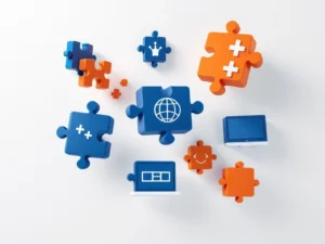 Geometrische puzzelstukjes in blauw en oranje transformeren tot game controllers en schermen op witte achtergrond