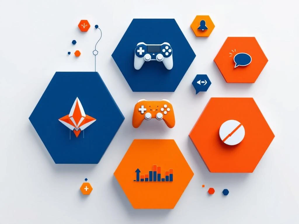 Geometrische game controller iconen en feedback symbolen in oranje en blauw op witte achtergrond, minimalistisch design