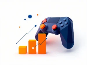 Gamecontroller verbonden met stijgende grafiekbalken, navy blauw en oranje, minimalistische educatieve voortgangsmeting