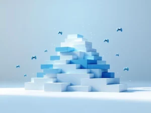 Geometrische bouwblokken in blauw en wit gerangschikt als piramide met digitale circuits en zwevende game controller iconen