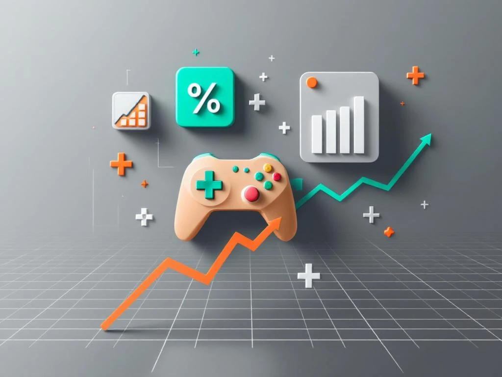 Geometrische rekenmachine- en gamecontroller-pictogrammen op digitaal raster met wiskundige symbolen en grafieken