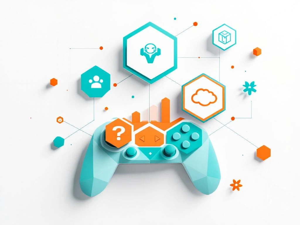 Geometrische gamecontroller met zeshoekige vaardigheidspictogrammen in teal en oranje, verbonden door lijnen op witte achtergrond