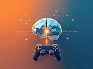Geometrische hersenen en gamecontroller in teal en oranje kleuren op zachte gradiënt achtergrond met symmetrische vormen