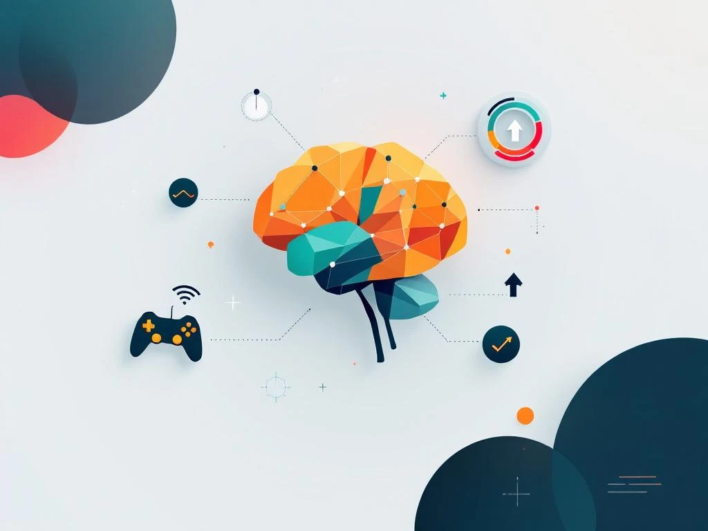 Geometrisch brein-icoon in oranje en teal met game controller, pijl en voortgangsindicatoren op witte achtergrond