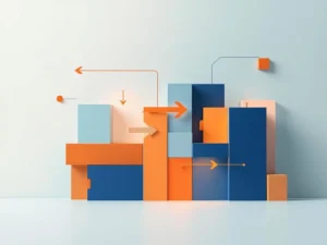 Geometrische blokken en puzzelstukken met blauwe en oranje accenten tonen implementatie-uitdagingen en oplossingen.