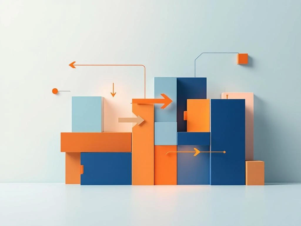 Geometrische blokken en puzzelstukken met blauwe en oranje accenten tonen implementatie-uitdagingen en oplossingen.