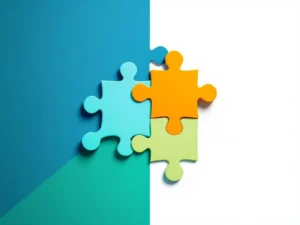 Geometrische puzzelstukjes in blauw en groen vormen een brug, met oranje stuk voor inclusie en gaming controller symbool