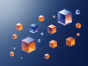 Abstracte kostenanalyse visualisatie met 3D blokken in blauw en oranje, verbonden door witte lijnen op grijze achtergrond