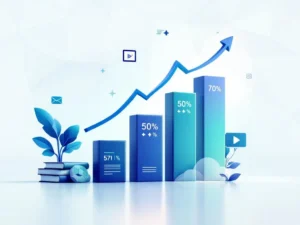 Rekenmachine met stijgende percentages en pijlen omringd door educatieve pictogrammen in blauw-groene kleuren