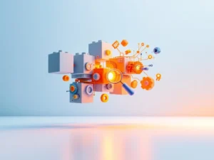 Zwevende grijze blokken transformeren tot gloeiende technische componenten zoals tandwielen en circuits op witte ondergrond