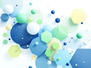 Abstracte geometrische leerroutes met blauwe en groene vormen, verbonden knooppunten en educatieve pictogrammen op witte achtergrond