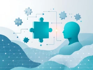 Zwevende geometrische puzzelstukjes verbinden zich in minimalistische compositie met gaming en hersenelementen in blauw-wit