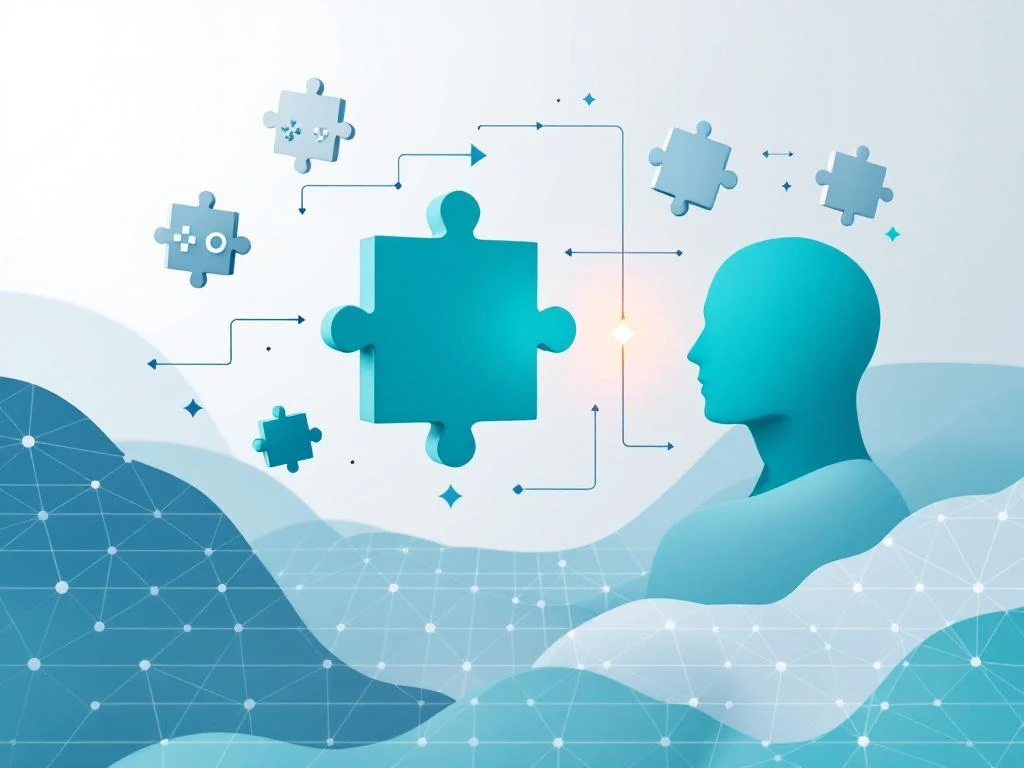 Zwevende geometrische puzzelstukjes verbinden zich in minimalistische compositie met gaming en hersenelementen in blauw-wit