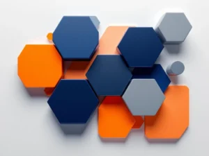 Geometrische bouwblokken in marineblauw en oranje die leverancierselectie symboliseren op witte achtergrond