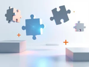 Zwevende puzzelstukken met blauwe gloed en game controller elementen op witte achtergrond voor management uitlijning