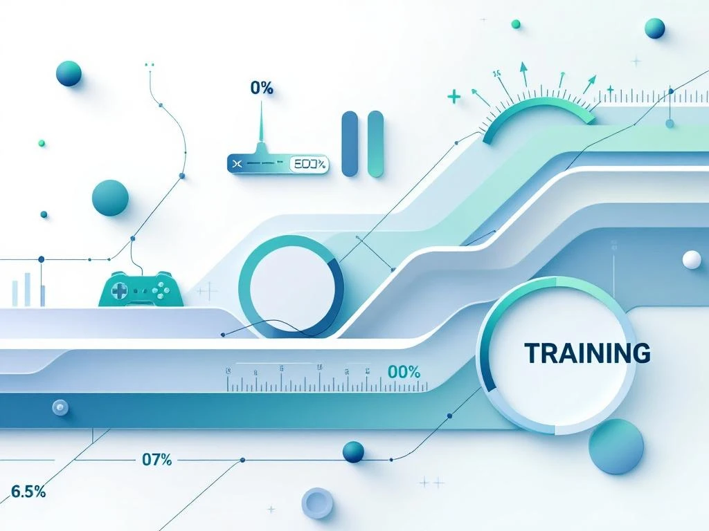 Minimalistische infographic met meetinstrumenten, voortgangsindicatoren en onderwijsmodules in blauwe en groene tinten