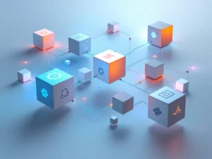 Modulaire geometrische blokken met educatieve iconen verbonden door lijnen, blauw-oranje kleurverloop op witte achtergrond