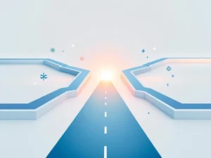 Drie geometrische paden convergeren naar een gloeiend middelpunt met richtingspijlen in blauw en teal tinten.