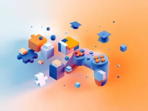 3D geometrische blokken en puzzelstukjes in blauw-oranje gradiënt tonen organisatietransformatie van onderwijs naar digitaal