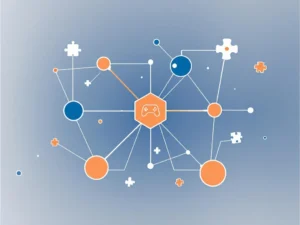 Netwerkdiagram met verbonden geometrische vormen in blauw en oranje, game controller icoon, educatieve technologie ontwerp