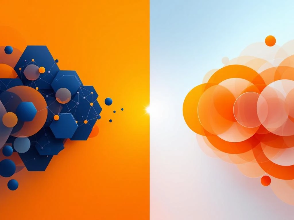 Gesplitste compositie met blauwe zeshoekige nodes voor serious games links en oranje cirkels voor gamification rechts