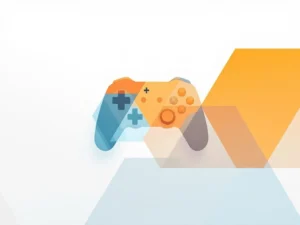 Geometrische hexagonen in blauw en oranje vormen gamecontroller-silhouet met medische en technologie-iconen voor serious games